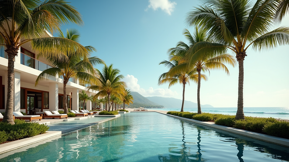 Wide angle view of a luxurious beachside resort with palm trees