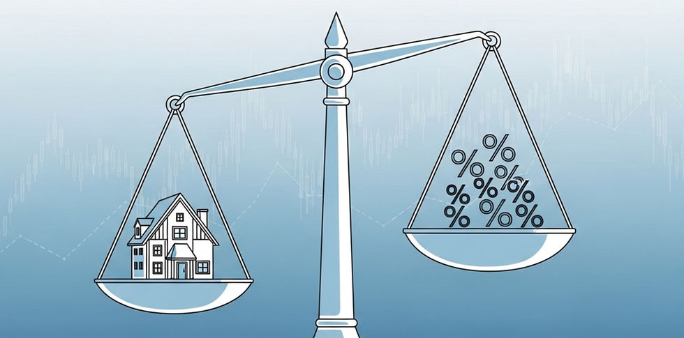 Balança representando a relação entre imóveis e taxa de juros