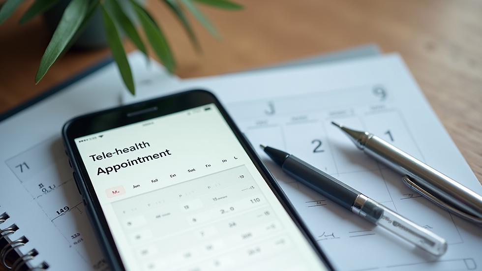 High angle view of a calendar and a smartphone with a telehealth appointment scheduled