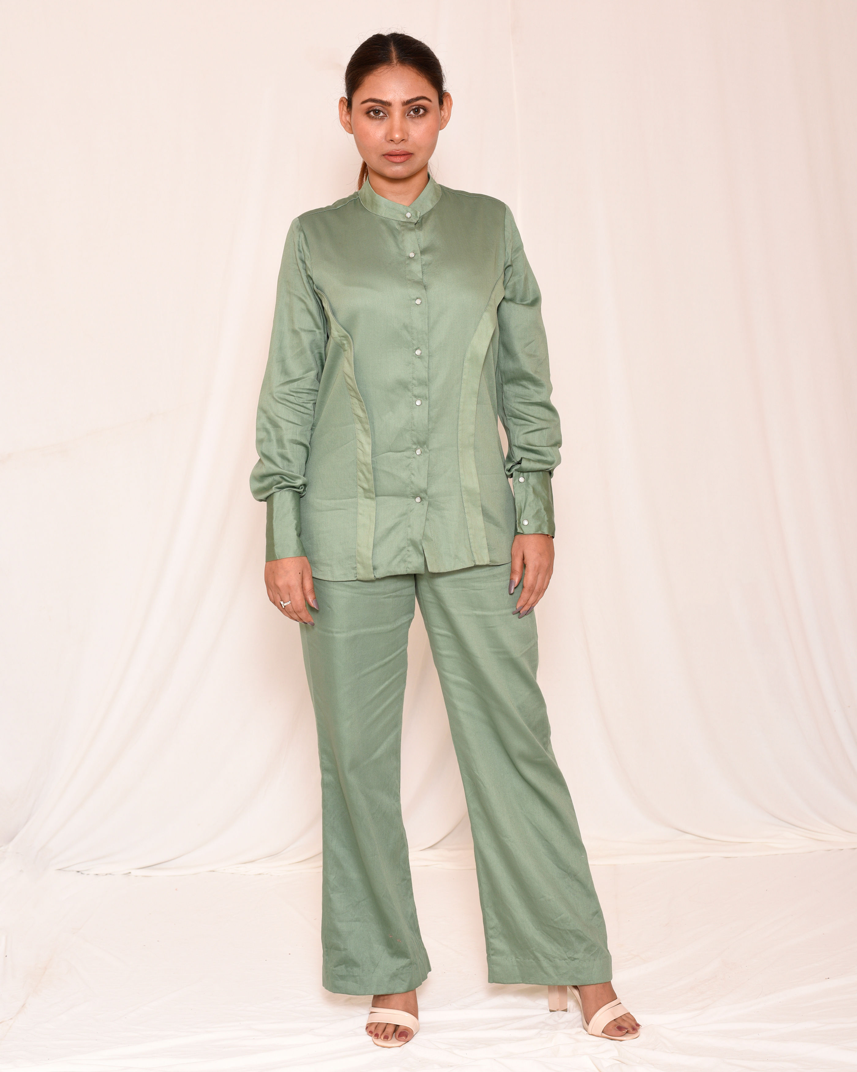 Sage Green Panelled Co-Ord Set with Mandarin Collar