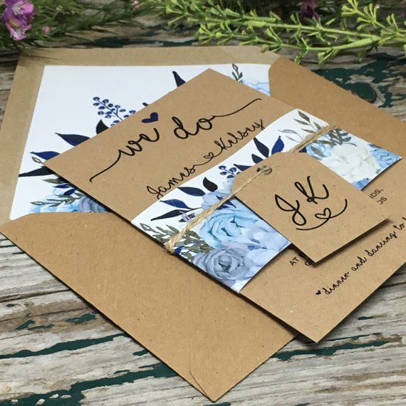 Kraft Dusty Blue Vintage Roses Wedding Invitation