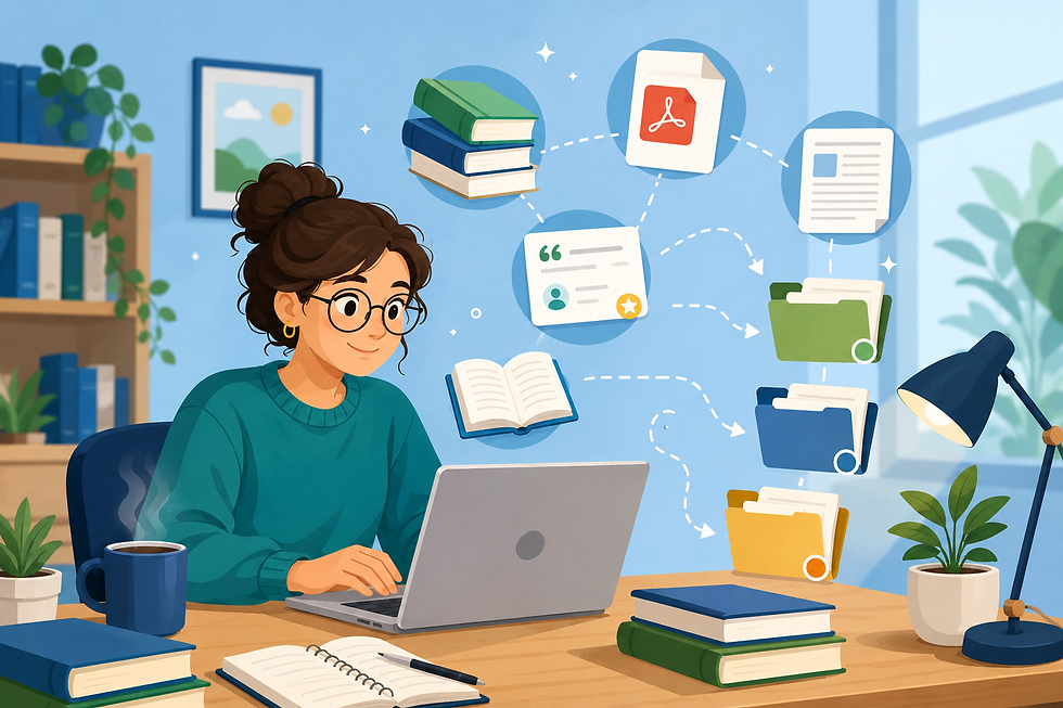 Student organizing research references in Zotero citation manager