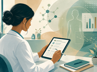 Healthcare provider reviewing Phase 2 clinical trial protocol documents in a medical office setting
