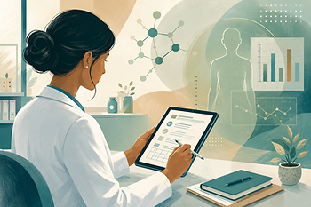 Healthcare provider reviewing Phase 2 clinical trial protocol documents in a medical office setting