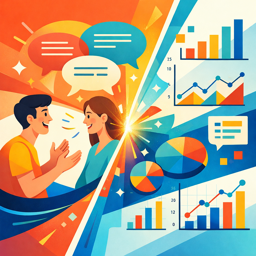 Split-screen illustration merging qualitative interview and quantitative data visuals
