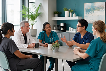 Healthcare administrator reviewing HIPAA compliance documents in a modern clinic office