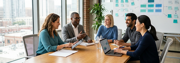 Diverse group of professionals collaborating around a table with a strategic plan document and sticky notes on a whiteboard, modern office setting