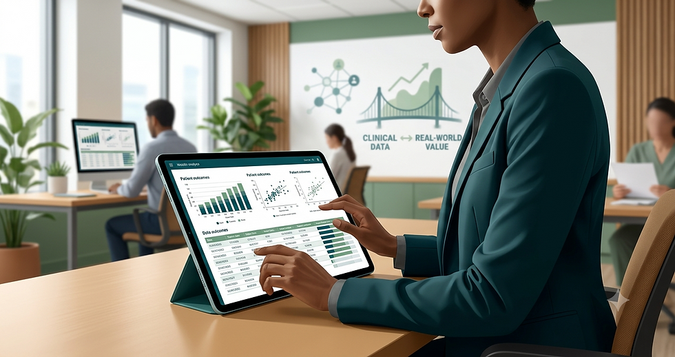 Clinical research coordinator reviewing patient outcomes data on a tablet