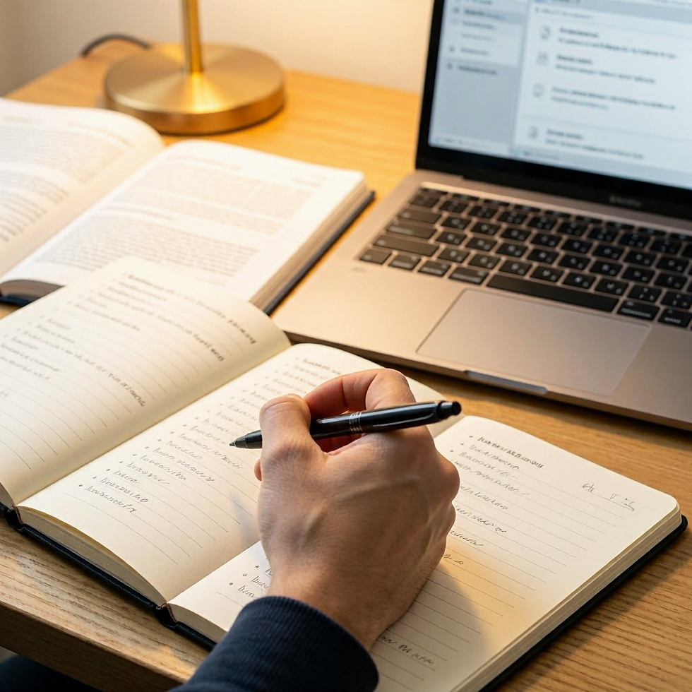Researcher writing organized notes from an academic journal article beside a laptop