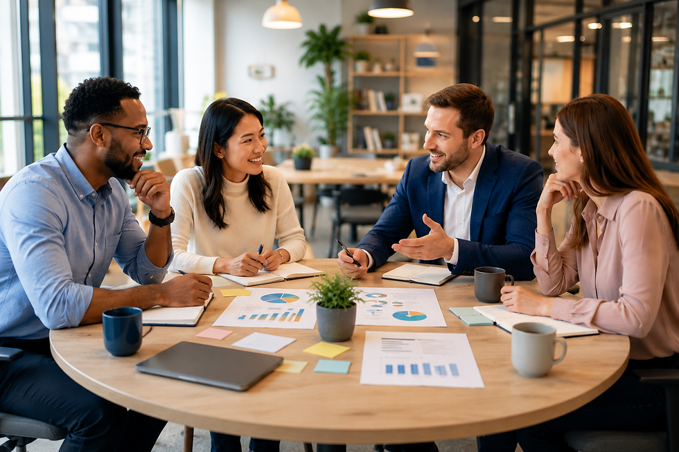 Small business team collaborating around a table with strategy documents, charts, and sticky notes