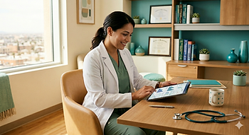 Healthcare provider reviewing clinical research data on a tablet in a modern clinic office