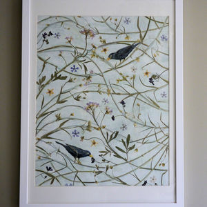 Pressed flower artwork, Blackbirds by Sarah Cadman. This is the original artwork in its upcycled frame.