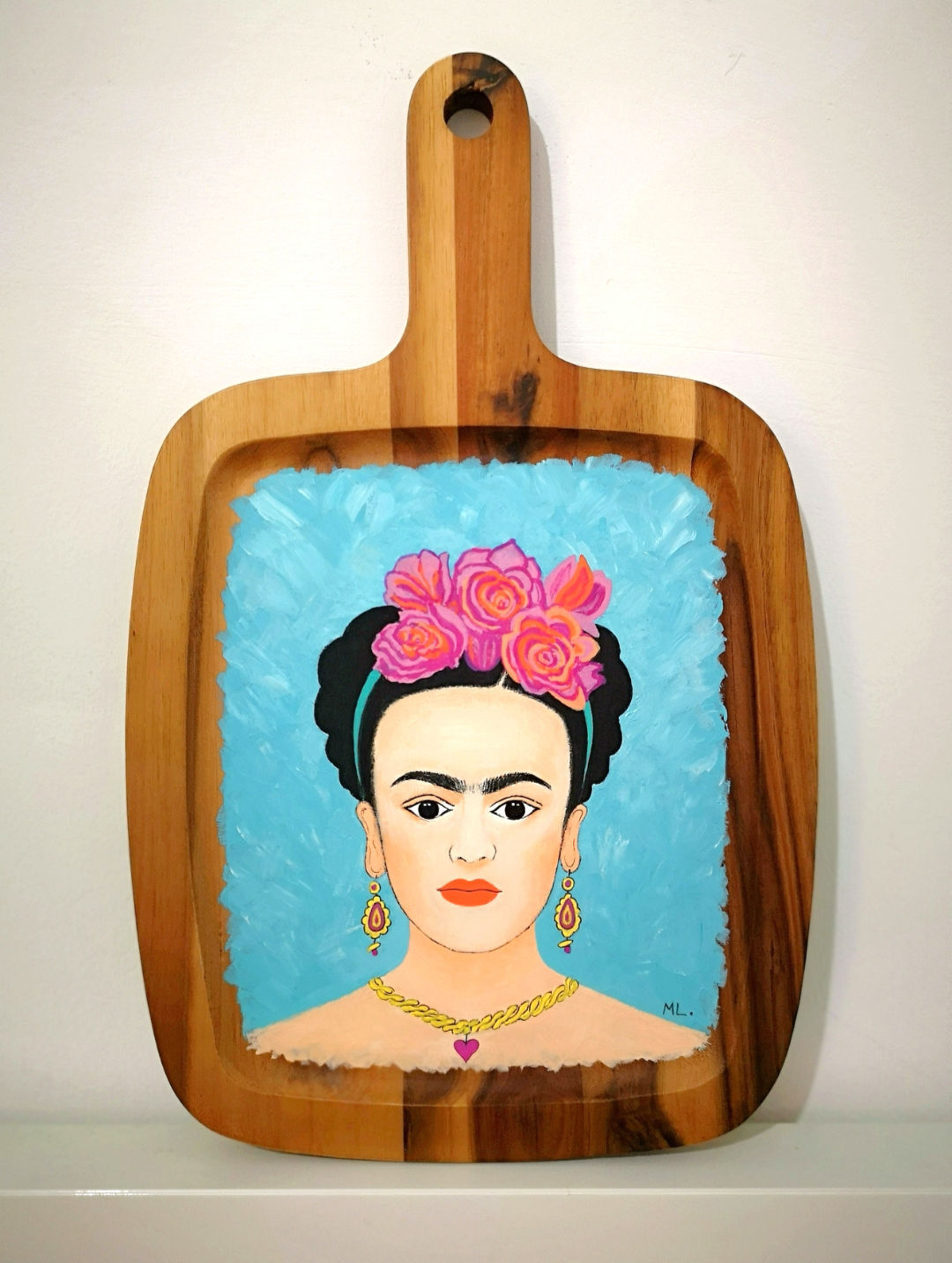 ציור פורטרט פרידה קאלו על קרש עץ 