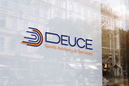 Logo for Deuce Sports Advisory & Services on a glass. Icon of the Logo is inspired by a racing track giving the shape of D indicating the logo from the sports industry.