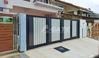 Modern black aluminium sliding gate with vertical slats for residential home in Malaysia