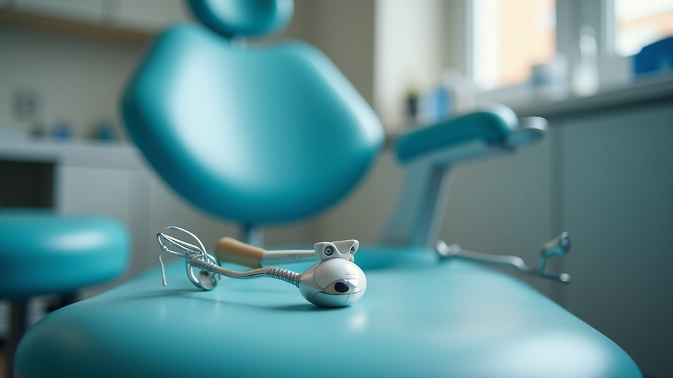 Close-up view of a dental chair and modern dental tools