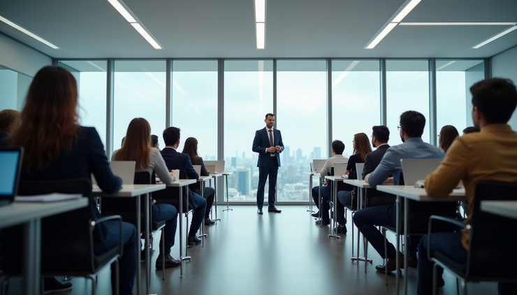 Eye-level view of a modern training room with employees engaged in a workshop