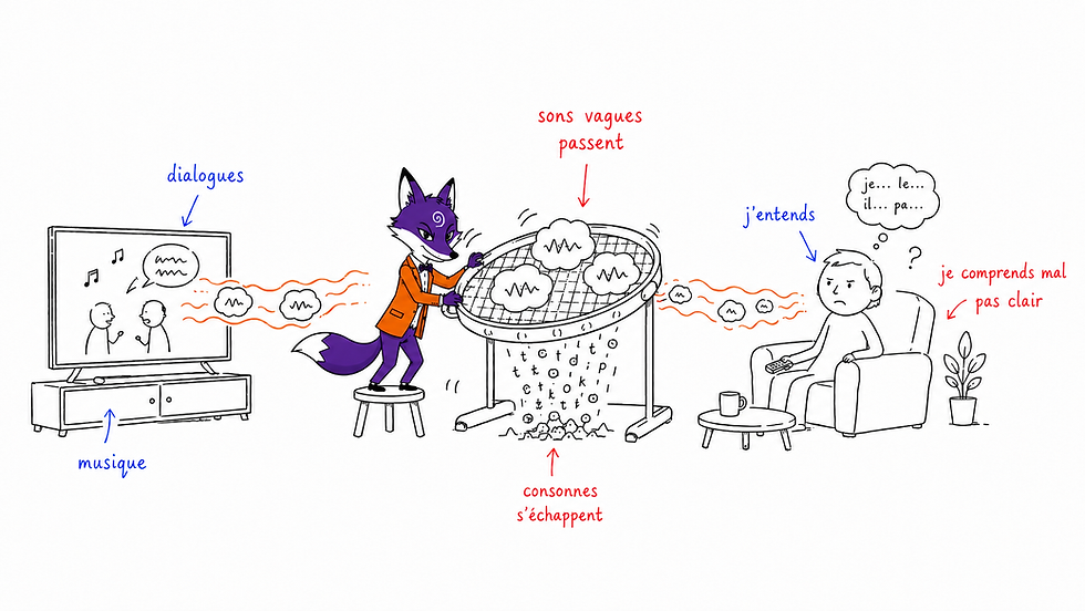 Renard violet en veste orange tamisant des sons entre TV et homme confus, avec textes dialogues, musique, j’entends.