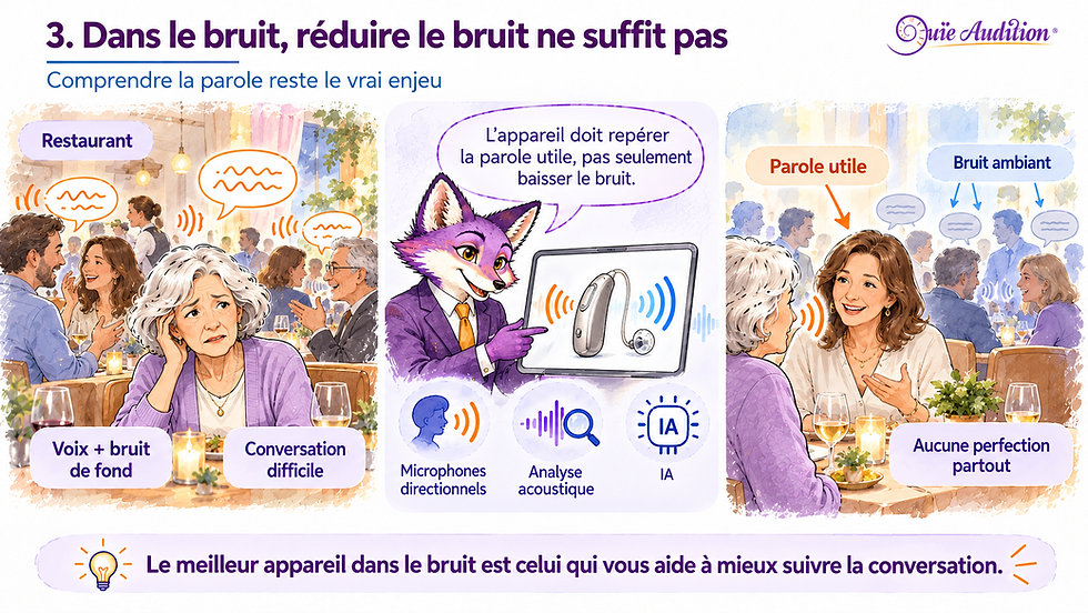 Infographie d’un restaurant bruyant: une femme peine à suivre la conversation, mascotte montrant une aide auditive IA et Parole utile.