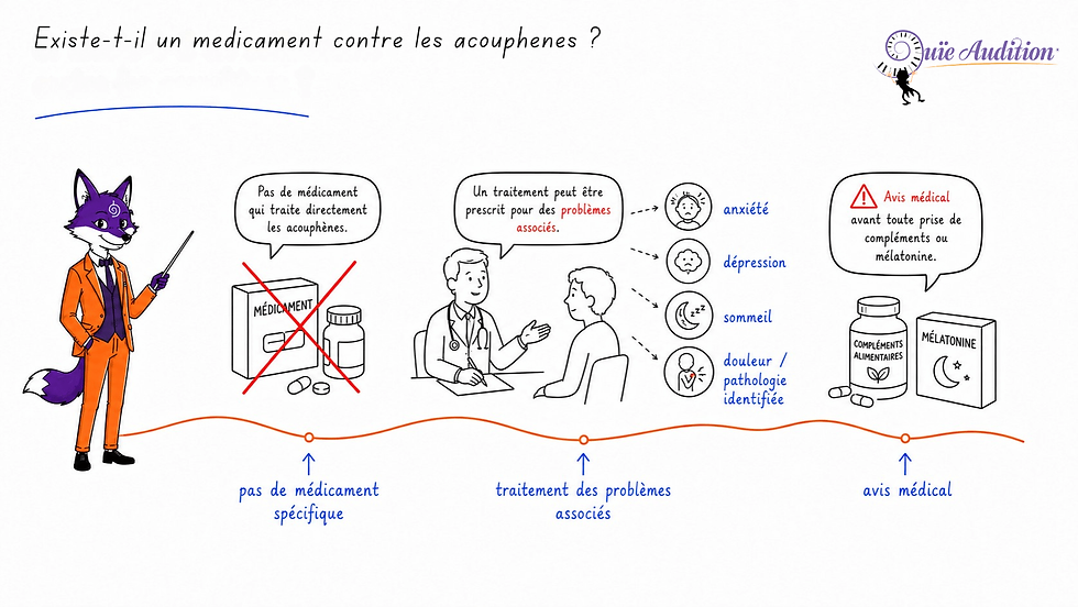 Infographie sur les acouphènes: pas de médicament spécifique; traiter anxiété, sommeil; avis médical pour mélatonine.
