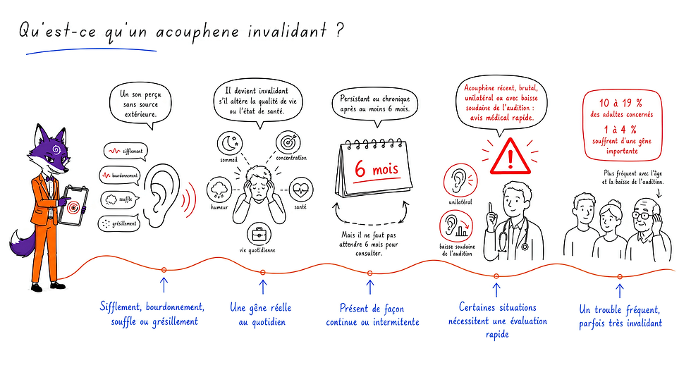 Infographie sur l’acouphène invalidant : gêne quotidienne, alerte médicale rapide, avec un renard en costume à gauche.