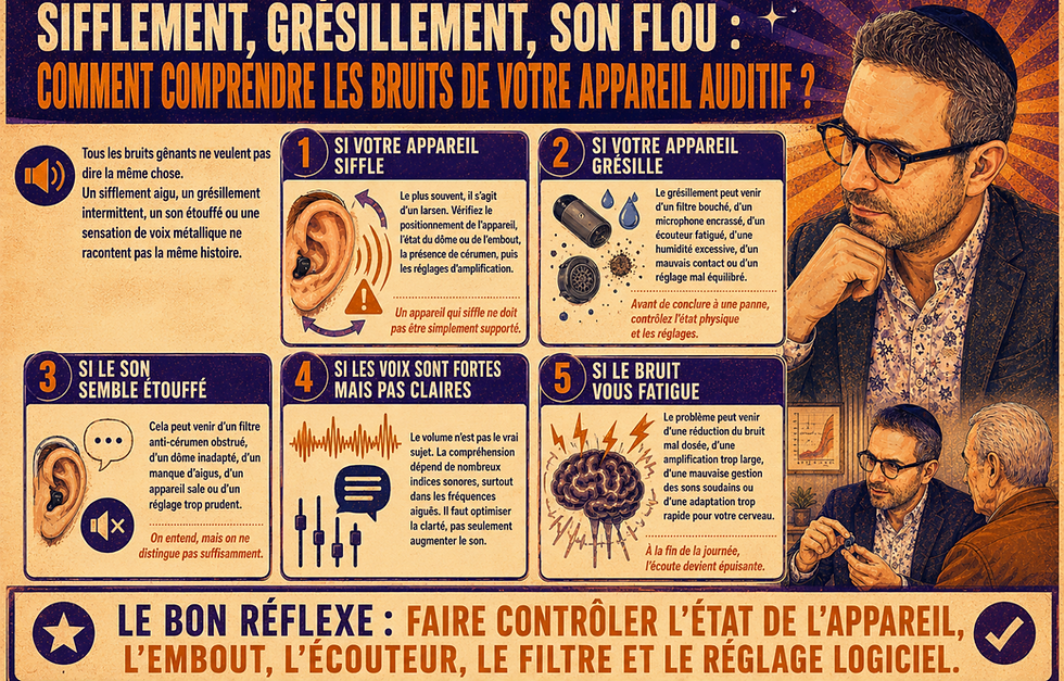 Infographie en français sur les bruits d’un appareil auditif, avec un homme pensif et 5 vignettes explicatives.