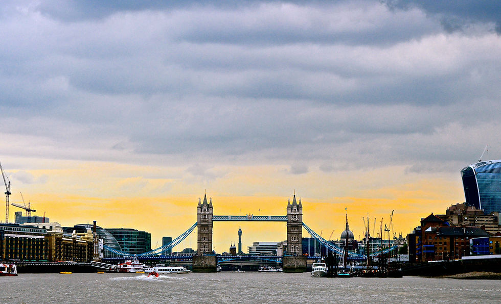 Skyline view of London from the River Thames with Tower Bridge at the centre