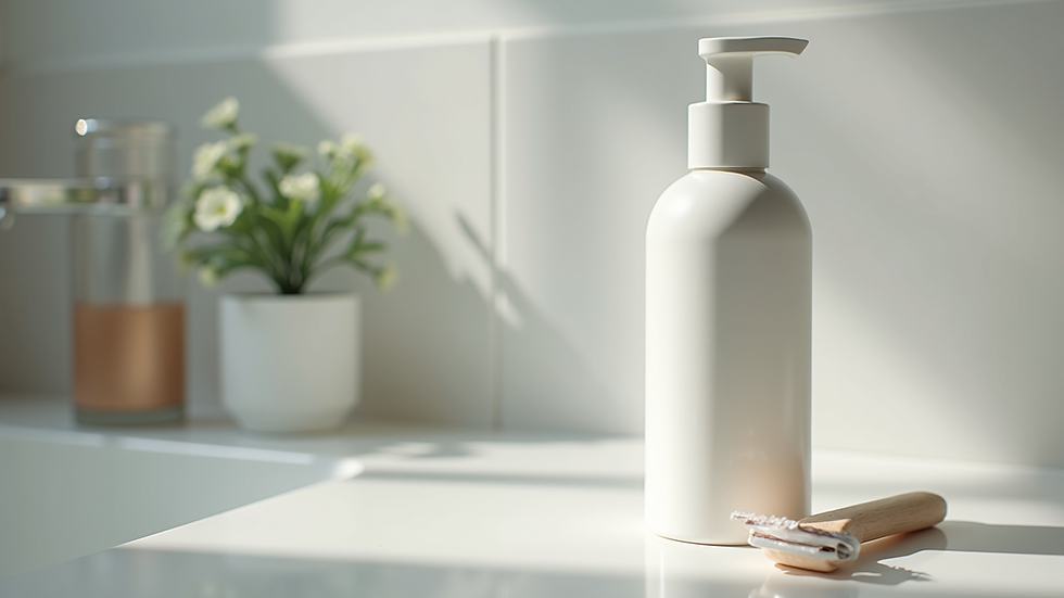 Eye-level view of a skincare product and razor on a bathroom counter