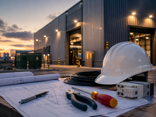Commercial electrical project planning outside an industrial building