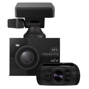 Close-up of Momento dash camera mounted on windshield