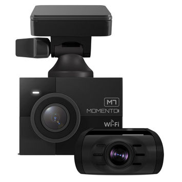 Close-up of Momento dash camera mounted on windshield