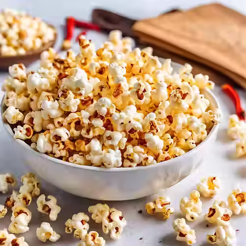 Bowl of Spicy popcorn with scattered kernels and chili flakes.