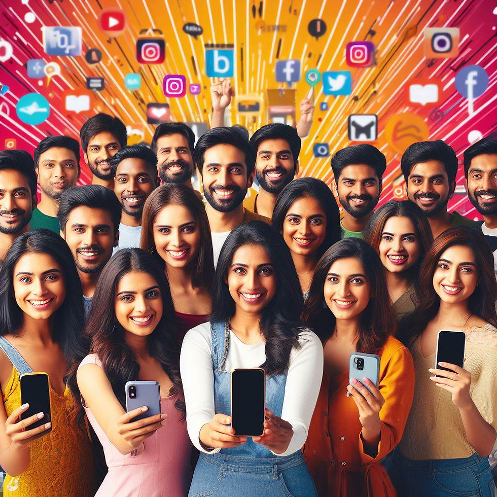 A diverse group of Indian influencers posing in front of a vibrant backdrop that represents the different industries they work in.