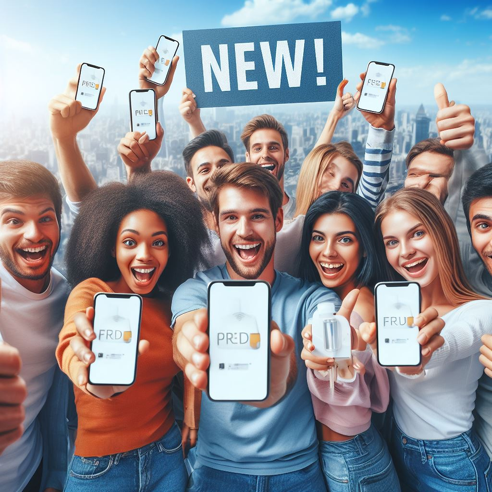 A group of diverse people holding up their smartphones, all with the same new product app open on their screens.