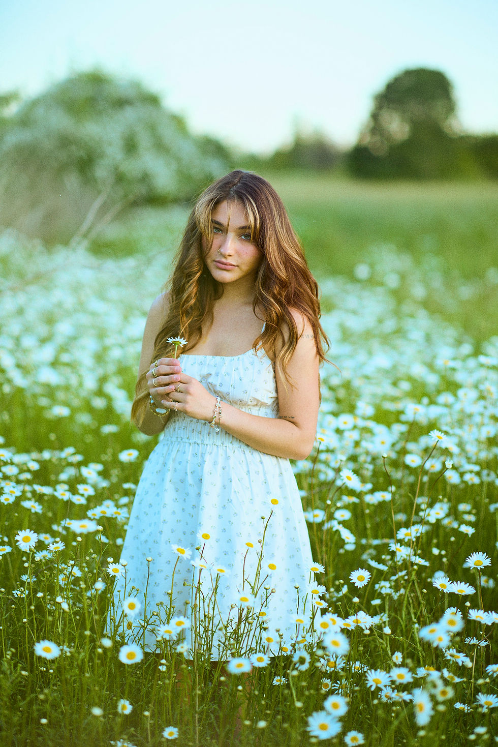Young woman in a white dress holds a daisy in a wildflower field, with soft green trees blurred behind her. PNW Model Taylor S by Nick Johnson - Musings Uncensored