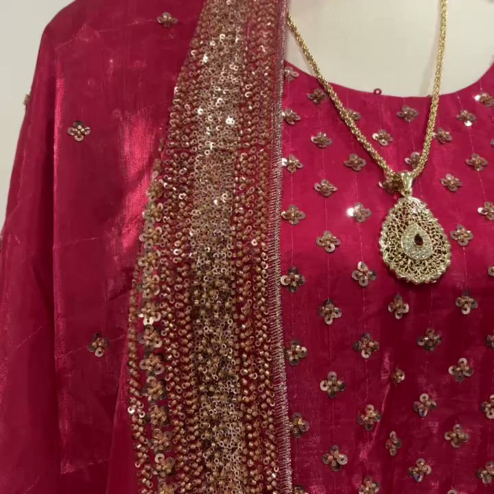 Thumbnail: Hot Pink & Gold Sequined Kaftan Style Palazzo Suit