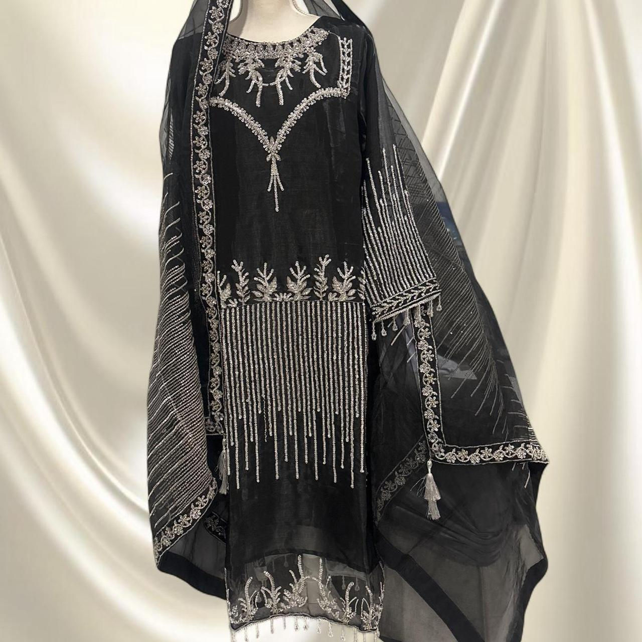black & silver shimmery embroidered shalwar kameez with dupatta
