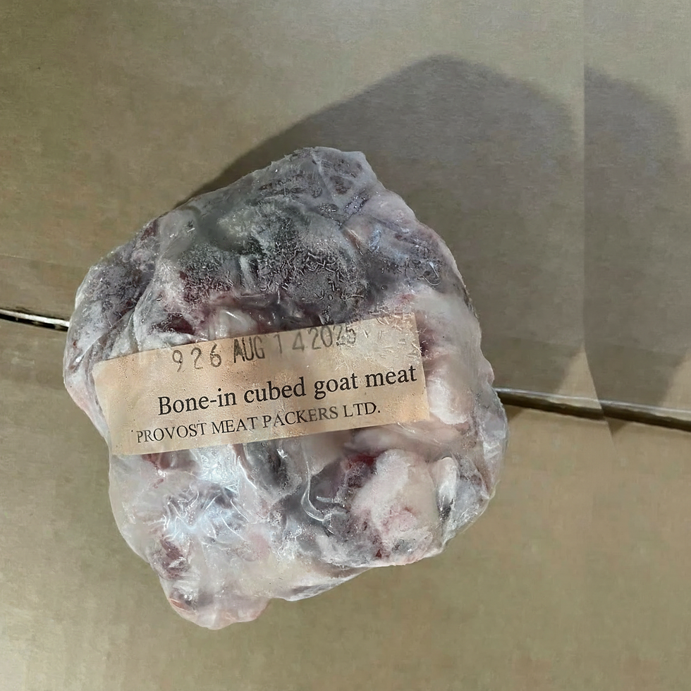 Frozen package of bone-in cubed goat stew meat
