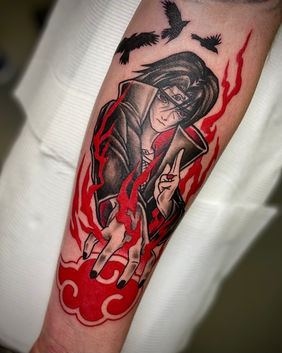 A stylised tattoo of Itachi Uchiha from Naruto