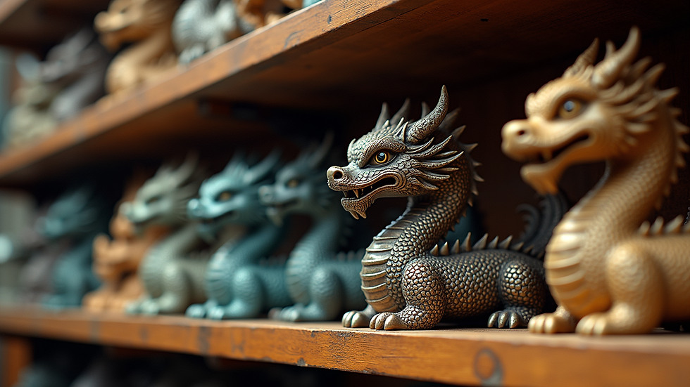 Eye-level view of a shelf displaying various detailed dragon sculptures in different styles
