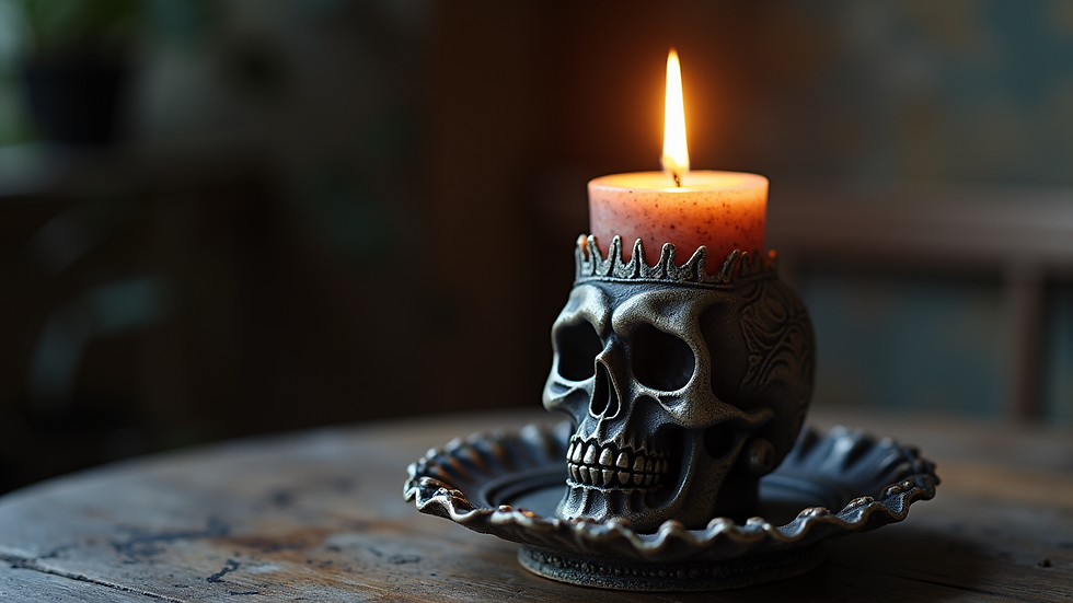 Eye-level view of a gothic candle holder with intricate skull design