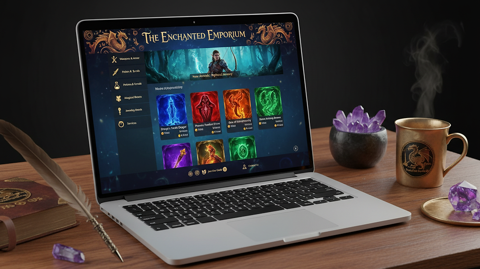 Eye-level view of a fantasy-themed online shop homepage on a laptop screen