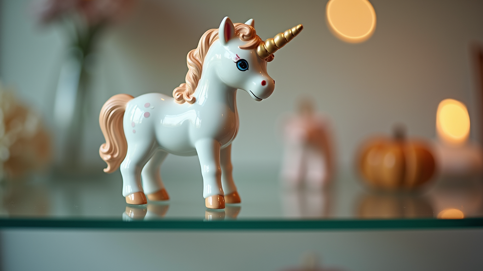 Eye-level view of a hand-painted unicorn figurine on a glass shelf