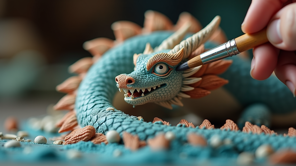 Eye-level view of a dragon sculpture being hand-painted with fine brushes