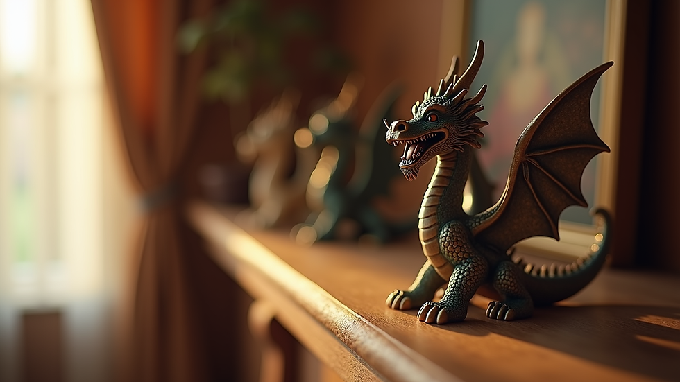 Eye-level view of a dragon figurine displayed on a wooden mantelpiece with soft lighting