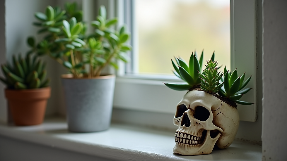 Eye-level view of a skull planter with green succulents on a windowsill