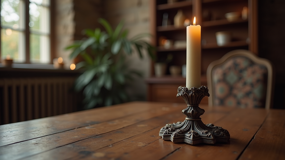 Eye-level view of a gothic candle holder with intricate designs on a wooden table