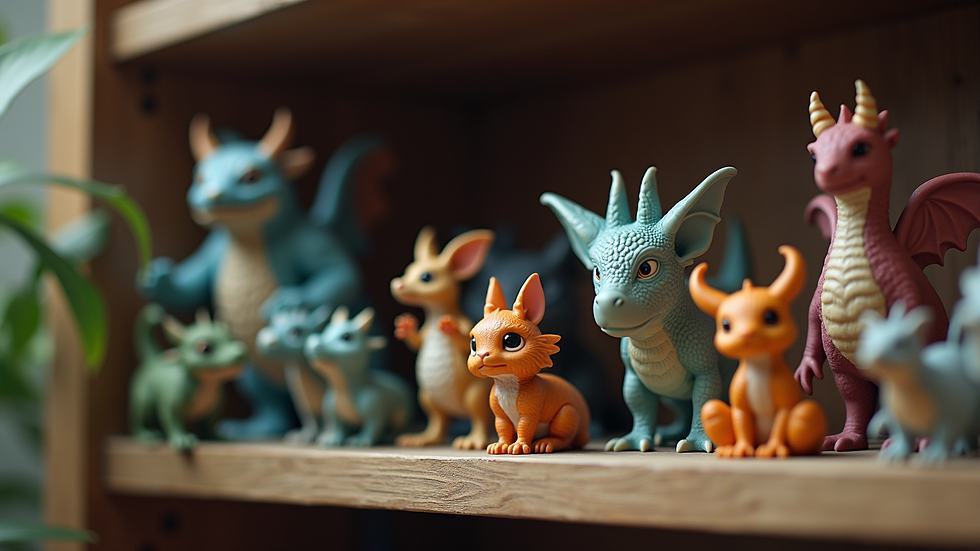 Eye-level view of a shelf filled with various fantasy creature figurines