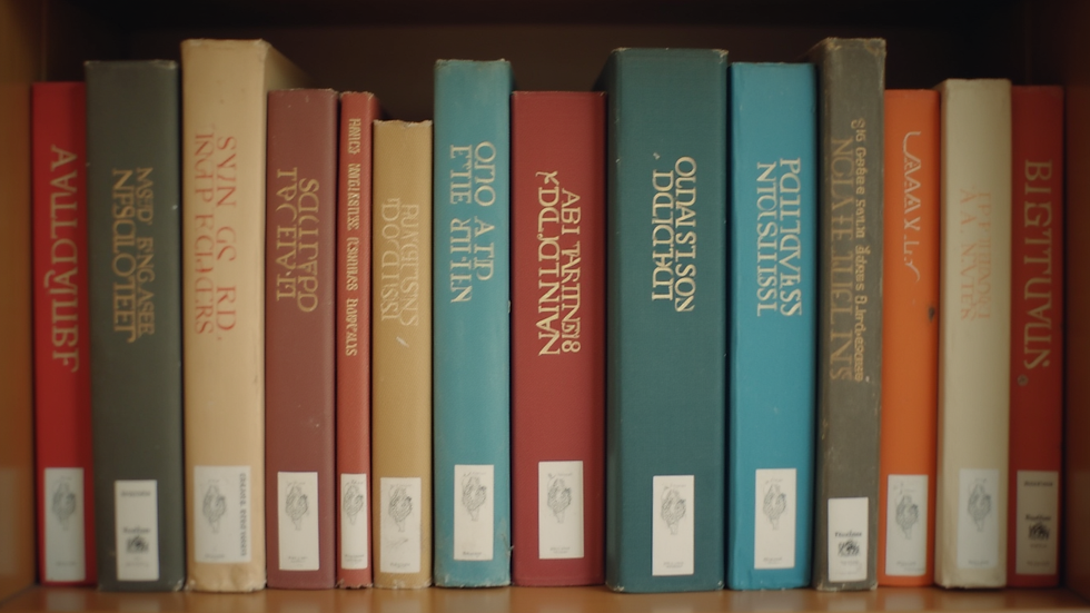 Eye-level view de estante de livros com capas coloridas e títulos variados