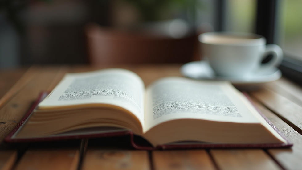 Close-up view of a book opened on a wooden table with a cup of coffee